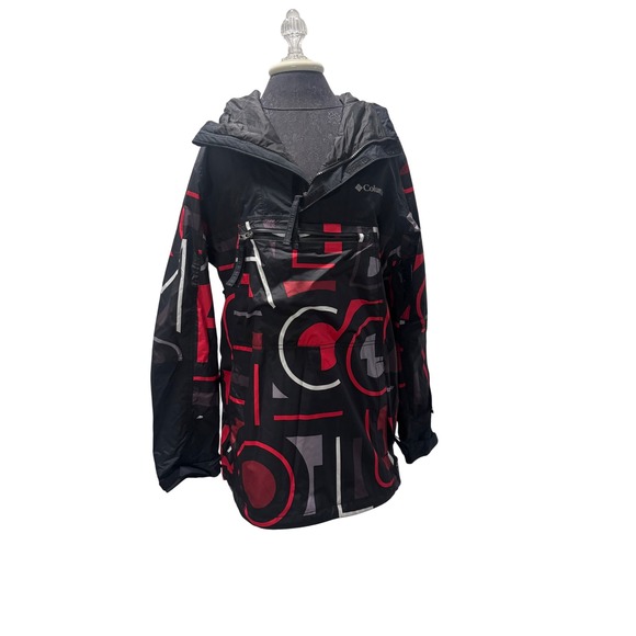 Columbia Omni-Tech Pullover Anorak Jacket Hooded Black Red Geometric - Picture 1 of 10